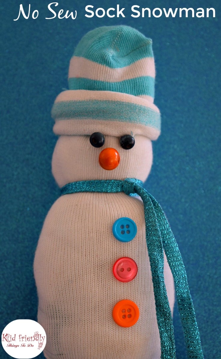 No sew Sock Snowman. A cute craft for winter, and Christmas with the kids! www.kidfriendlythingstodo.com