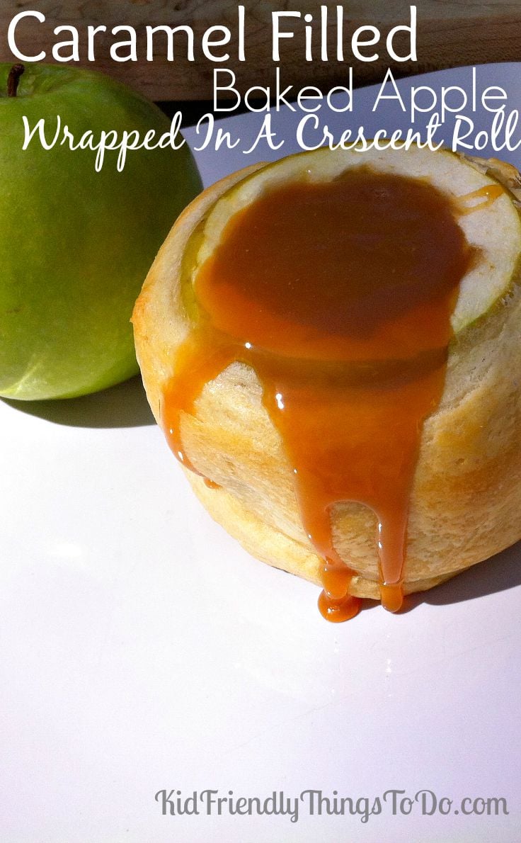 Caramel Filled Baked Apple Wrapped In A Crescent Roll Recipe! Perfect for fall! Makes a great after school treat, tea with the ladies, party food, or dessert!