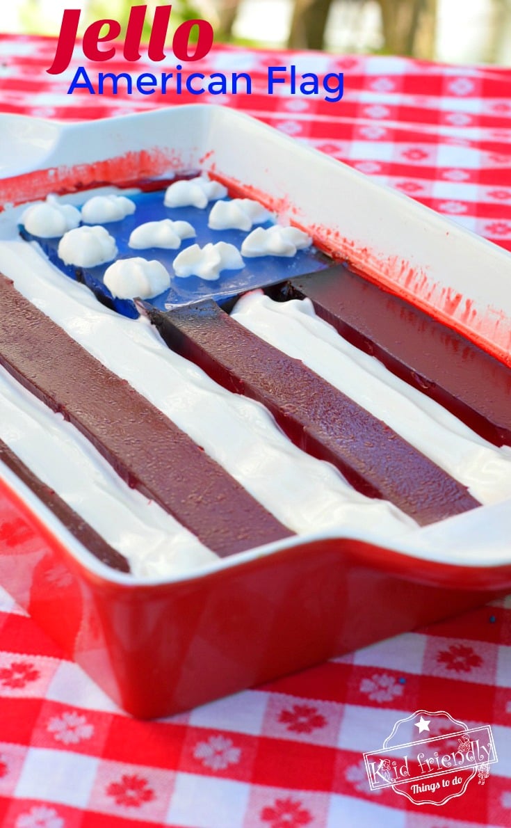 A Jello American Flag Dessert for a Fun Patriotic Treat - Simple to make and so much fun! Perfect for Memorial Day, Fourth of July, Labor Day and your summer picnics with family. www.kidfriendlythingstodo.com