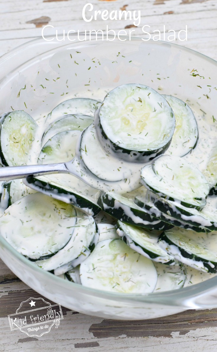 Bowl of Creamy Cucumber Salad Recipe with Sour Cream, Mayo and Dill 