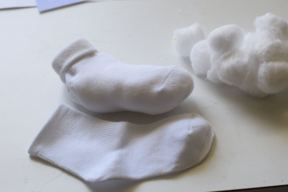 kid's socks stuffed with cotton balls for Smurf hat 