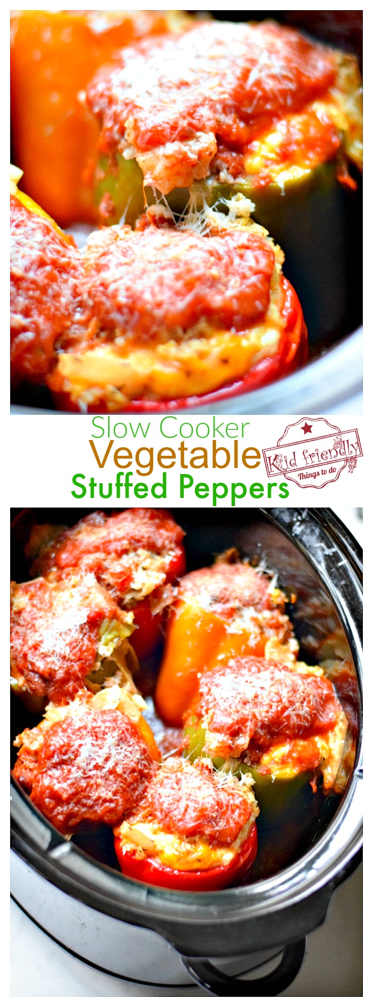 The BEST Healthy Slow Cooker Vegetable Stuffed Peppers Made with rice and beans. Perfect for a family dinner. www.kidfriendlythingstodo.com