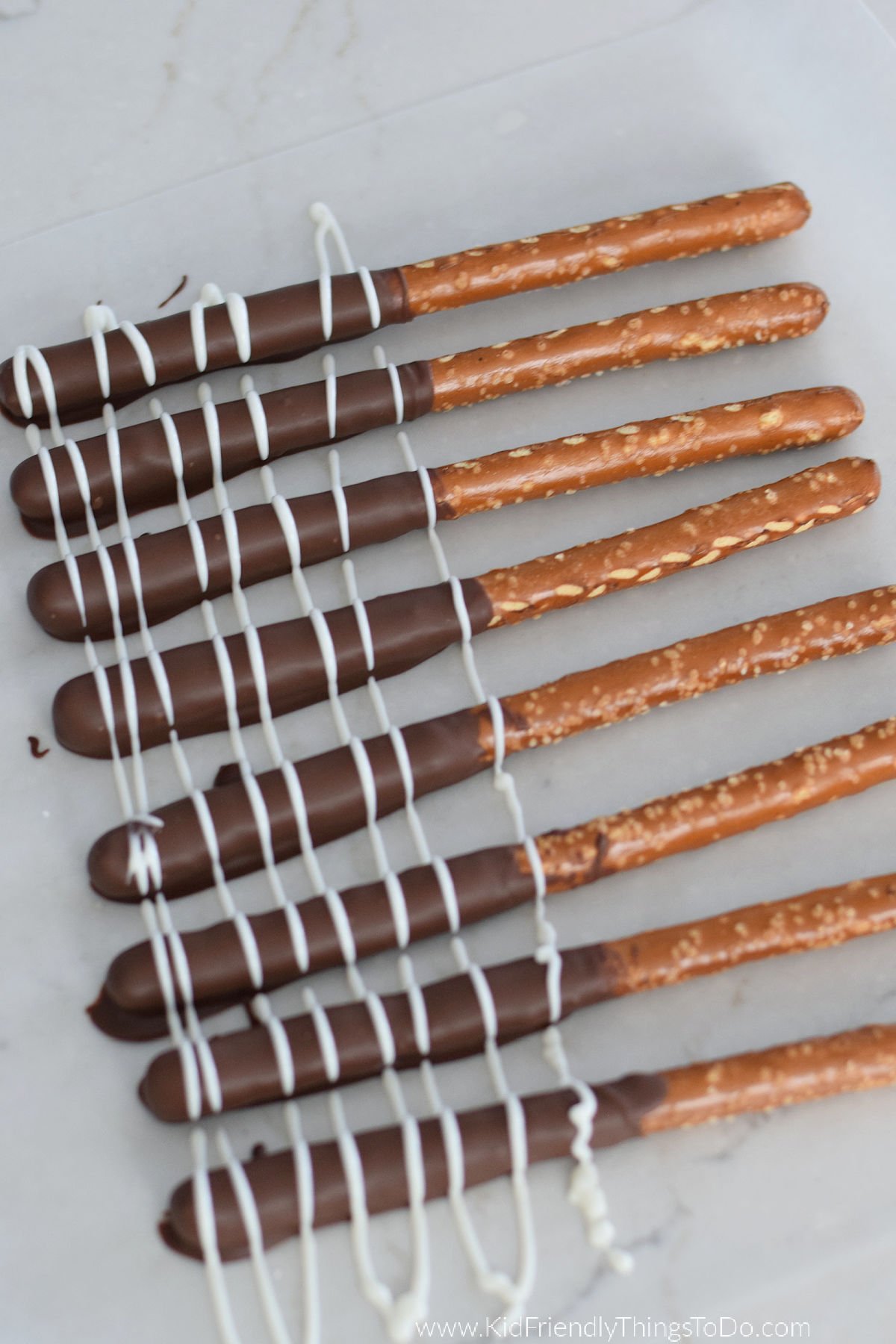 chocolate stripes on pretzels