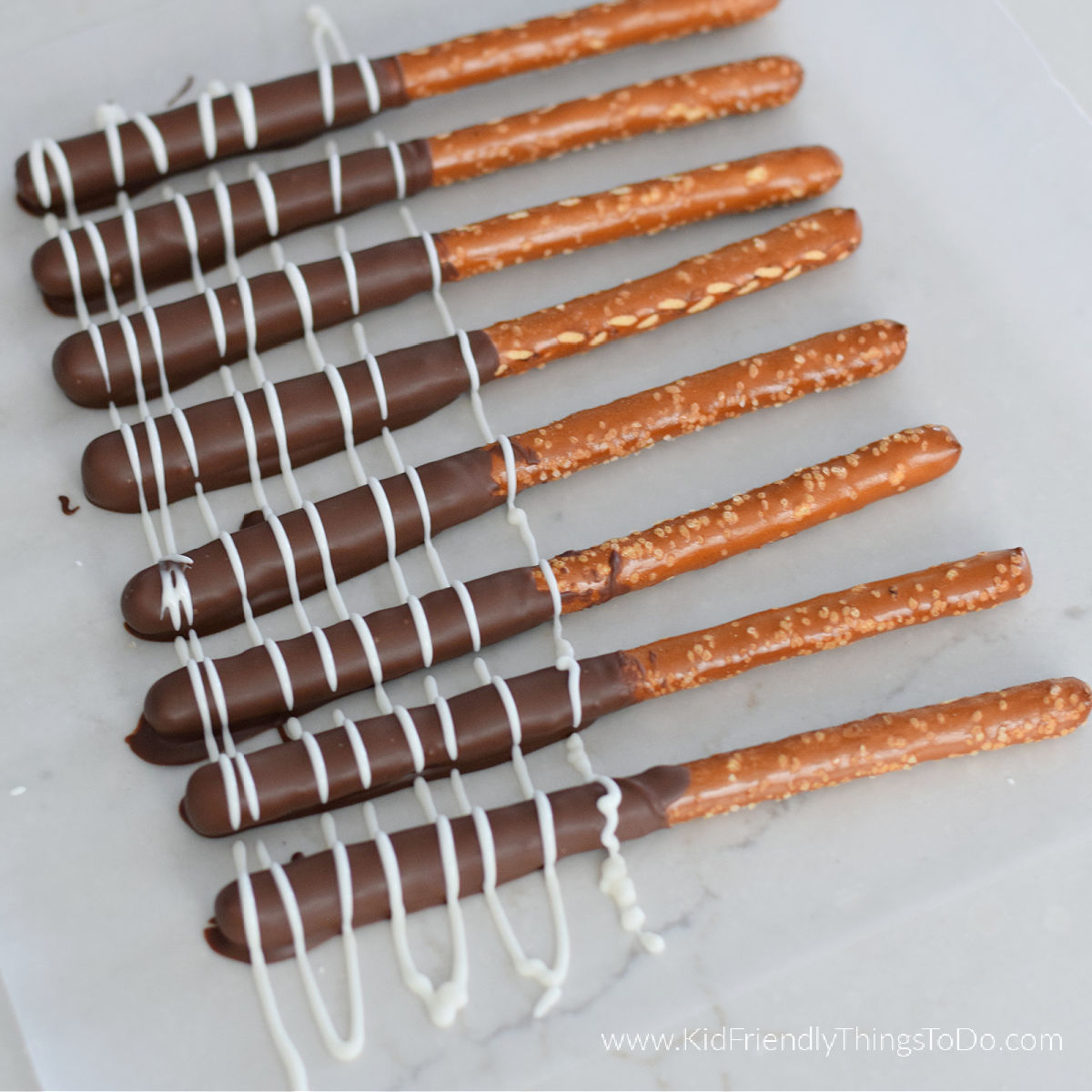 chocolate stripes on pretzels