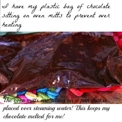 Making those beautiful chocolate stripes using a plastic baggie!
