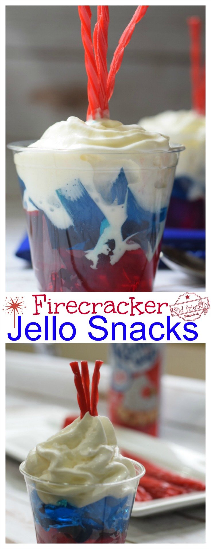 Firecracker Jello Snack dessert. Easy and patriotic fun food treats! www.kidfriendlythingstodo.com Memorial Day, Labor Day, Fourth of July