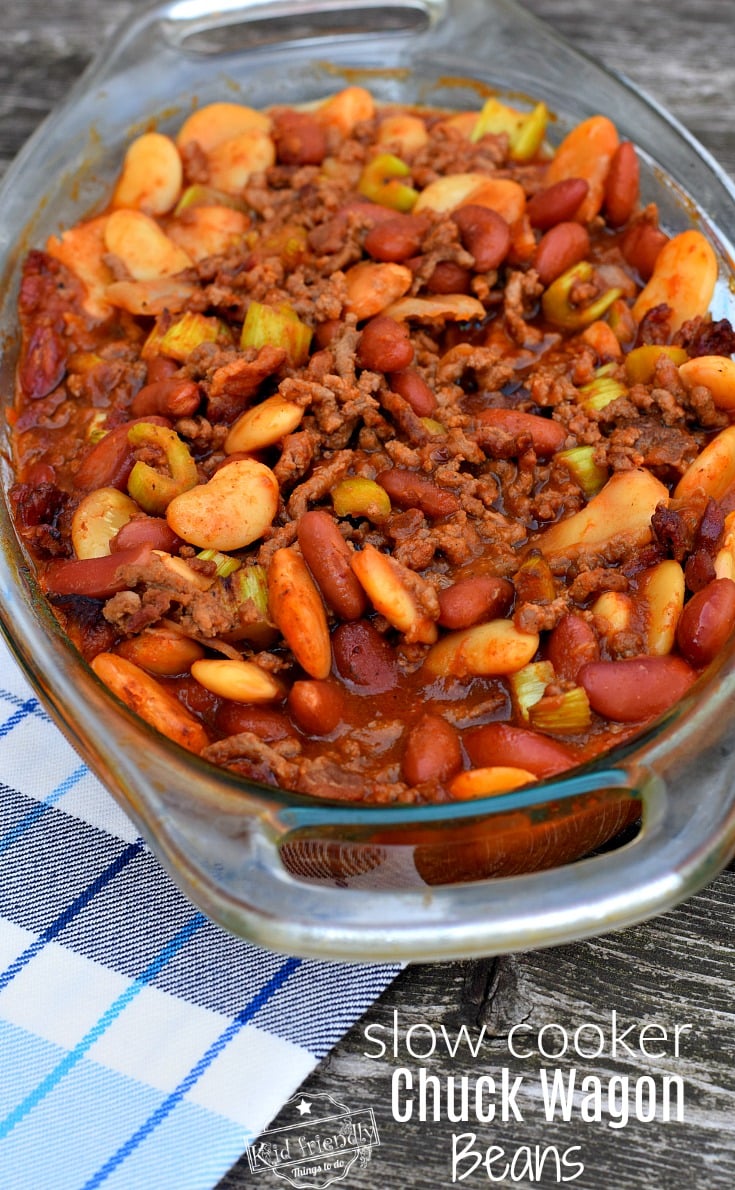 Chuck Wagon Baked Beans with Bacon and Ground Beef in a casserole dish