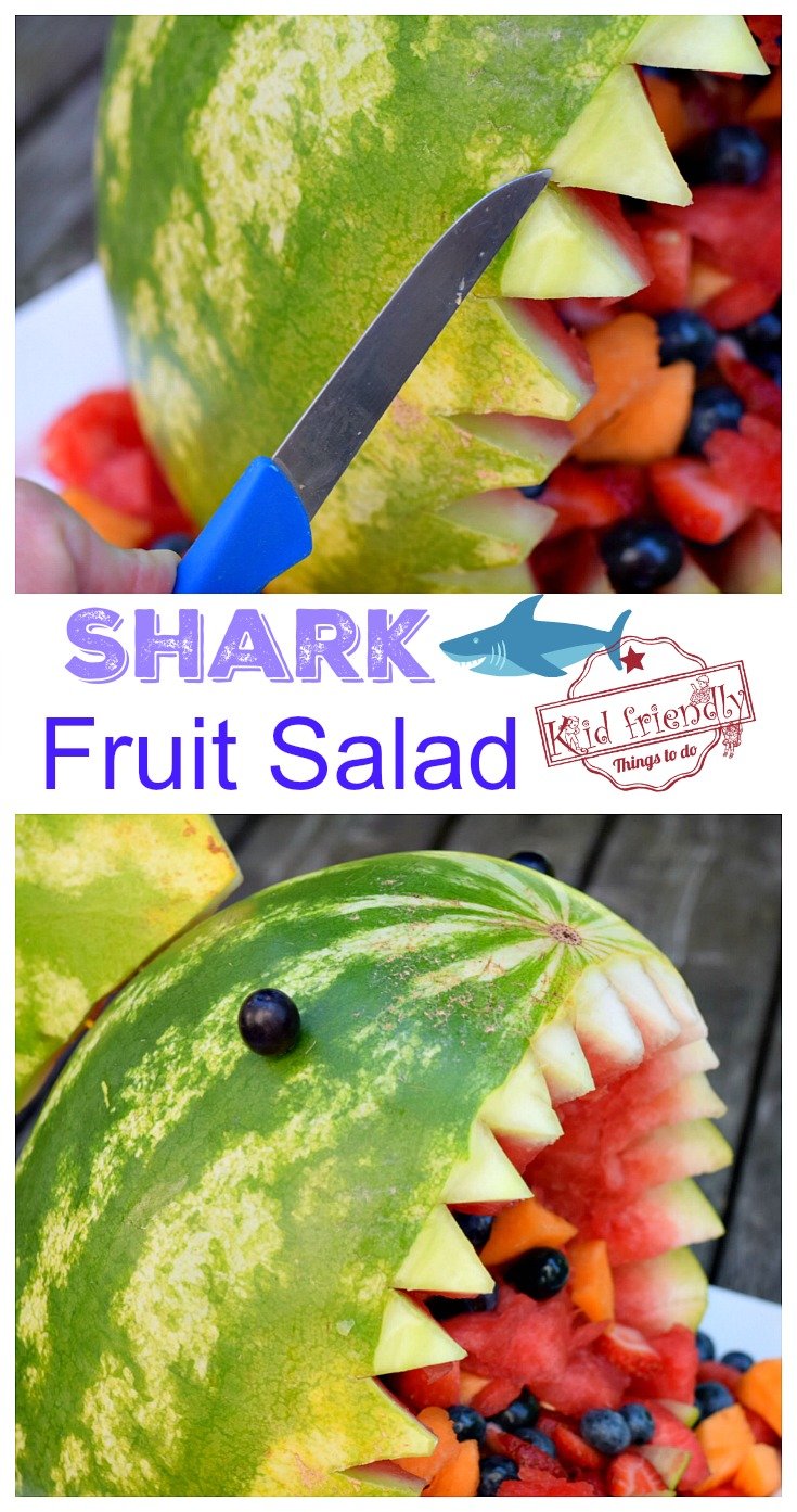 Awesome Shark Fruit Salad for a Shark Themed Party Food Idea - DIY watermelon shark idea for a fun fruit salad for kids - www.kidfriendlythingstodo.com