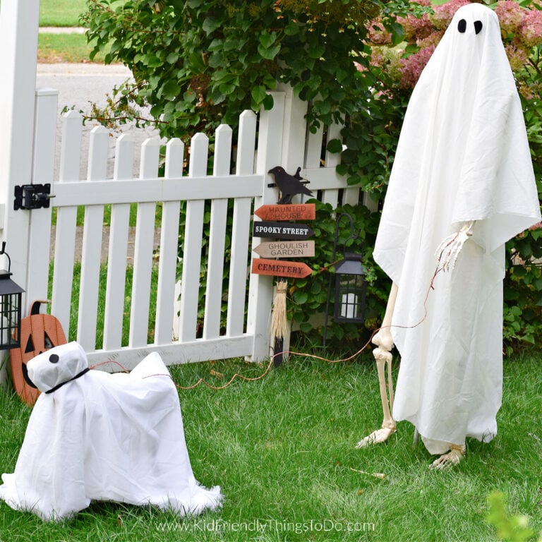 skeleton ghost and his ghost dog Halloween display