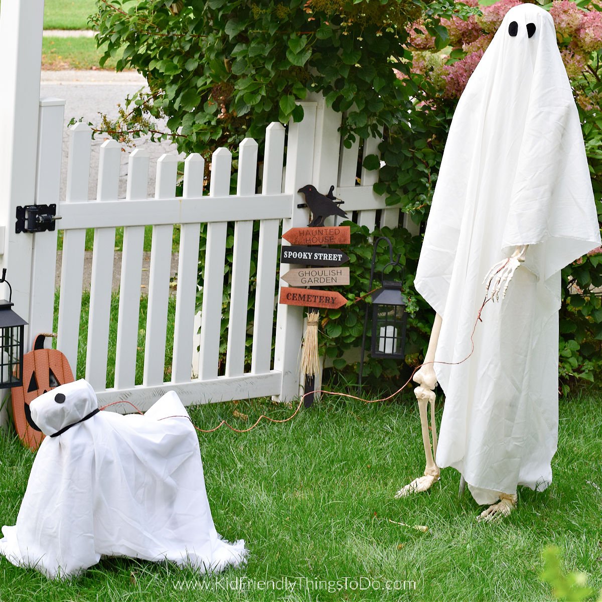 skeleton ghost and his ghost dog Halloween display