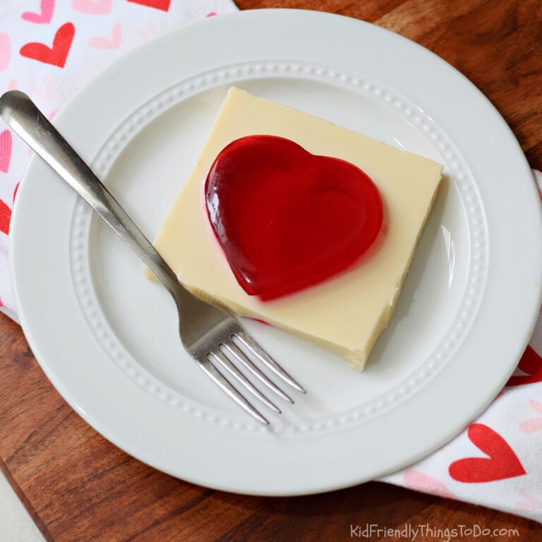 red Jello heart squares dessert with white Jello