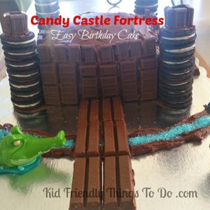 A Candy Castle Fortress Birthday Cake Decorated With Hershey Bars, Oreo Cookies and Kit Kat Bars!