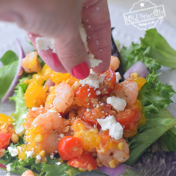 Healthy Shrimp Salad Recipe {with Roasted Corn, Nectarine, and Feta Cheese}