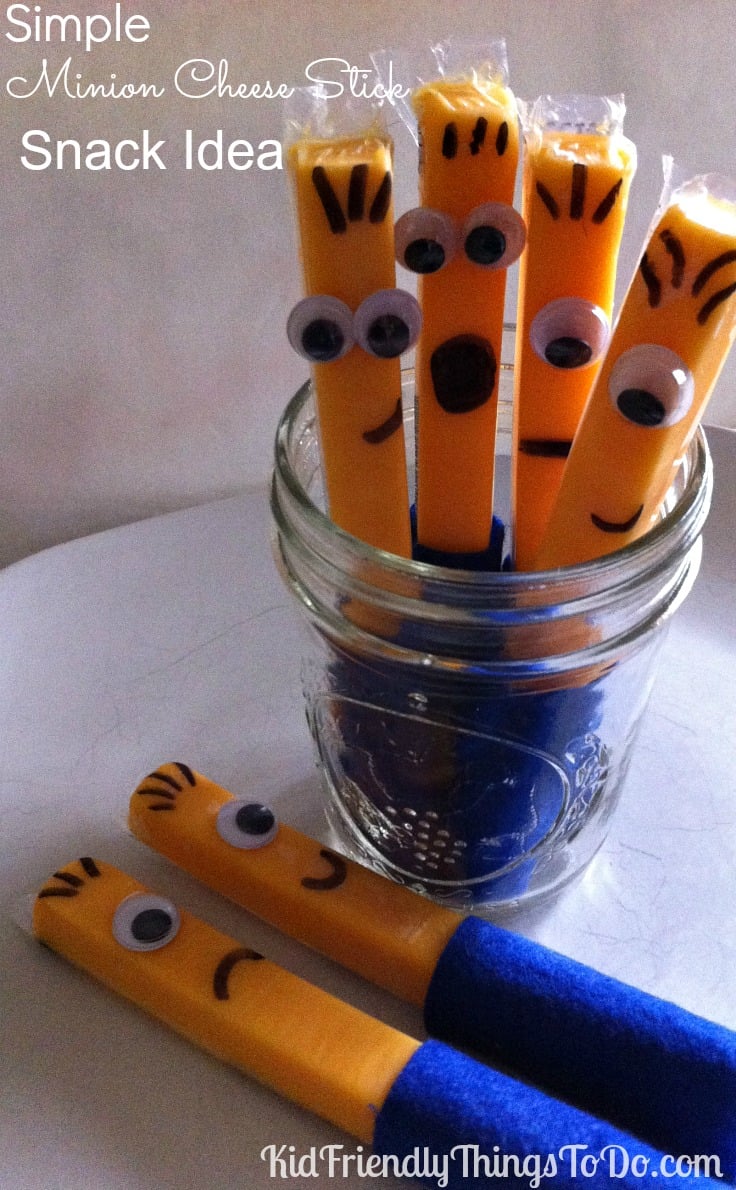 Easy Minion Cheese Stick Snacks! What an awesome idea for a Minion or Despicable Me party! There are a lot of Minion Party ideas on this site!