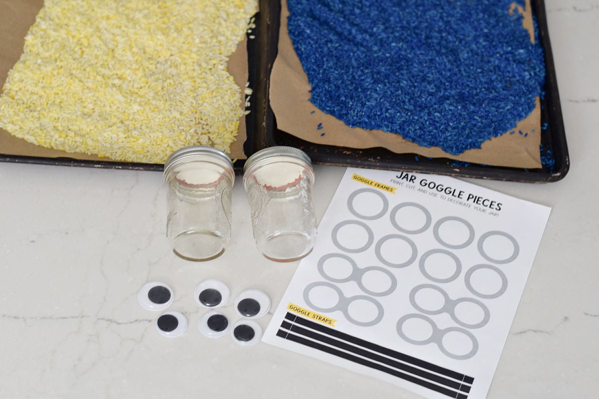 supplies for minion jar craft with rice and printable goggles 