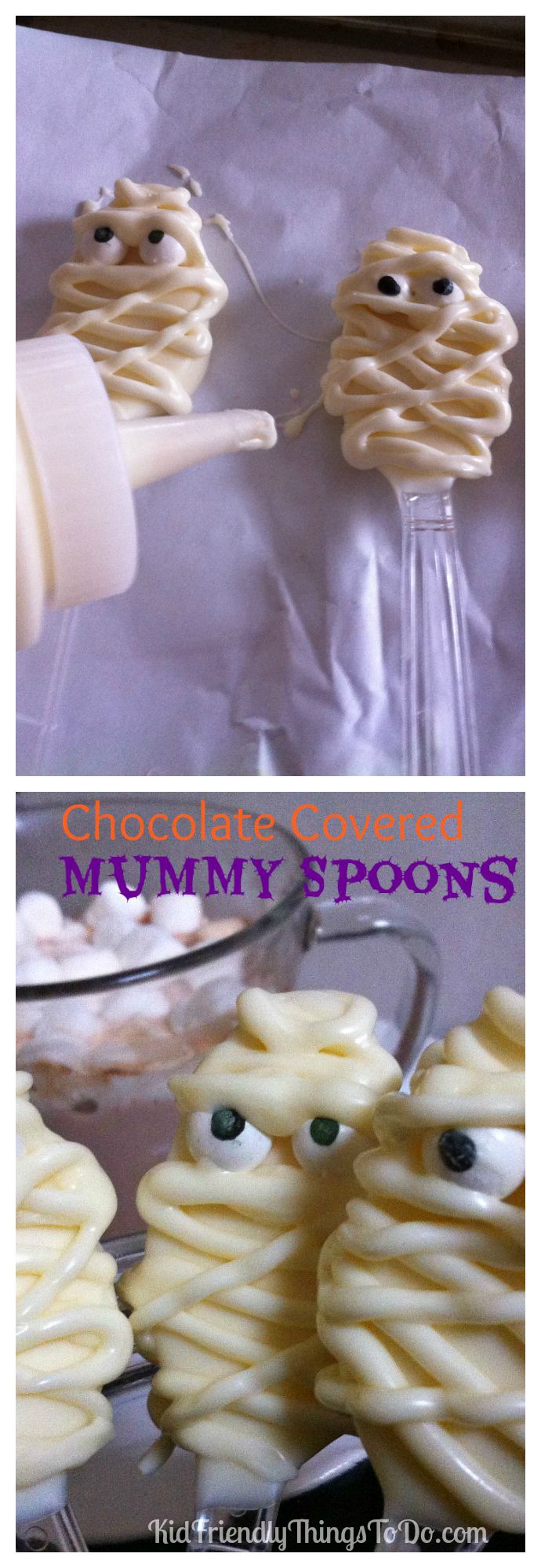 Chocolate Covered Mummy Spoons for Halloween or Hotel Transylvania Birthday Party. Loving these! KidFriendlyThingsToDo.com 