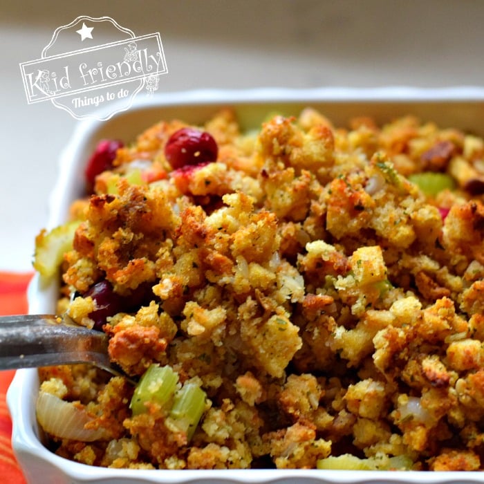 Homemade Cornbread Stuffing Recipe with Sweet Potato, Cranberries and Pecans | Kid Friendly Things To Do