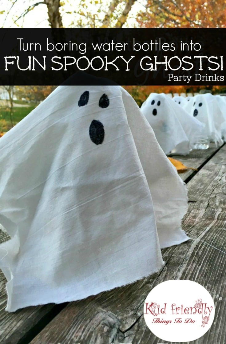 Transform water bottles into fun spooky ghosts for a fun kid friendly Halloween party drink! www.kidfriendlythingstodo.com