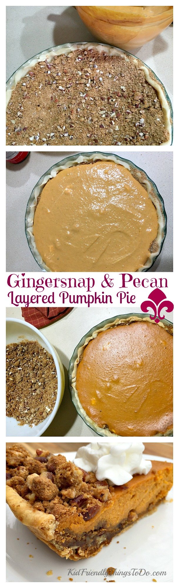 This Pumpkin Pie Recipe has it all! Sour cream and pumpkin batter. Pecan and gingersnap streusel! Seriously amazing pie. KidFriendlyThingsToDo.com
