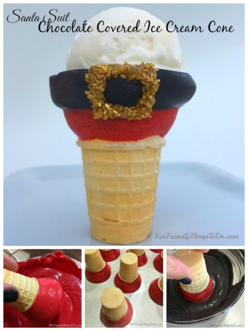 Easy DIY Chocolate Covered Santa Suit Ice Cream Cones - Perfect for your Christmas Parties - KidFriendlyThingsToDo.com