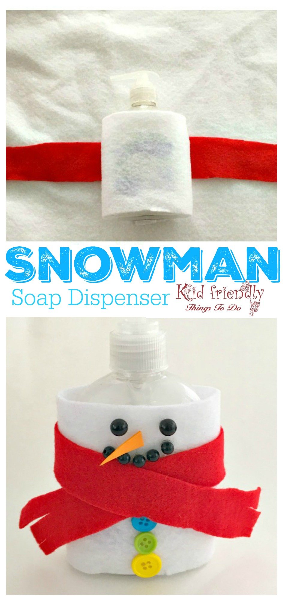 Make a cute snowman out of a Dollar Store Soap Dispenser for Christmas and Winter fun! Great craft for kids, and preschool! www.kidfriendlythingstodo.com