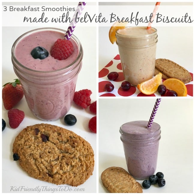 3 Breakfast Smoothies made with belVita Breakfast Biscuits