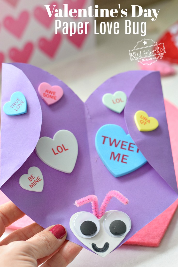 Valentine Lovebugs- construction paper hearts, googly eyes, craft sticks  and pipe cleaner.