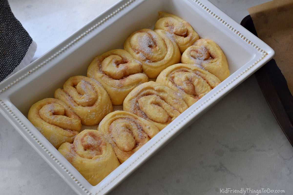 cinnamon rolls in pan before baking 