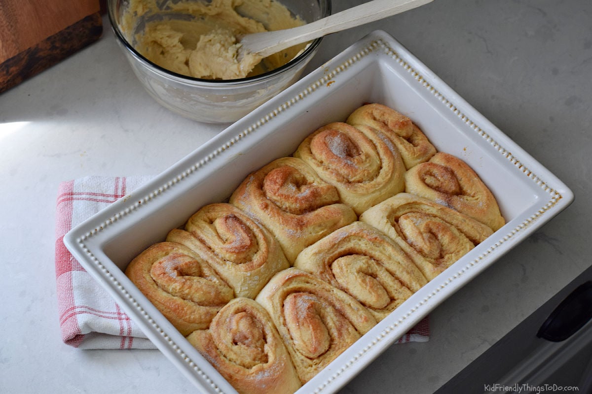 baked cinnamon rolls before icing fresh from oven 