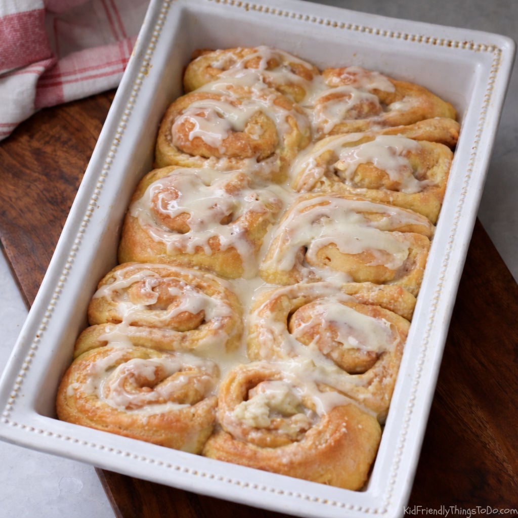 freshly baked cinnamon rolls with icing