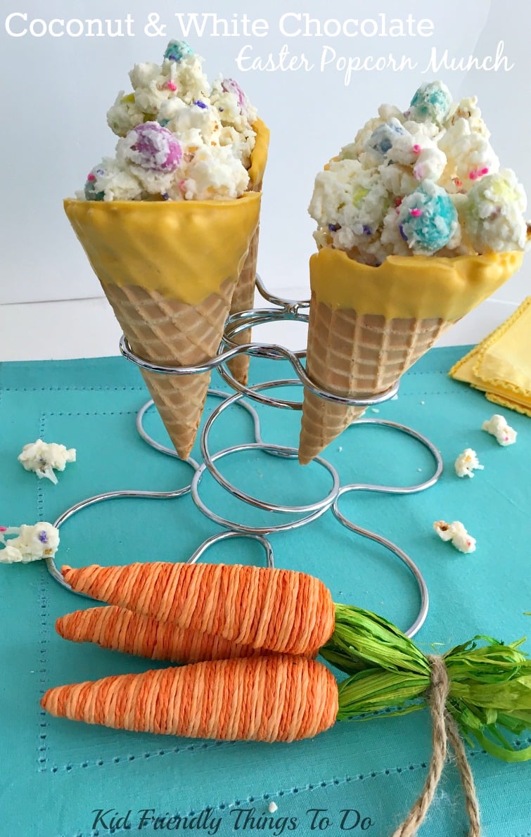 Adorable and Fun! Bunny Bait Munch made from Sea Salt Popcorn with Coconut, Candy and White Chocolate in a fun Chocolate Dipped Waffle Cone - Seriously fun and yummy for Easter or Spring Kid Parties! - KidFriendlyThingsToDo.com