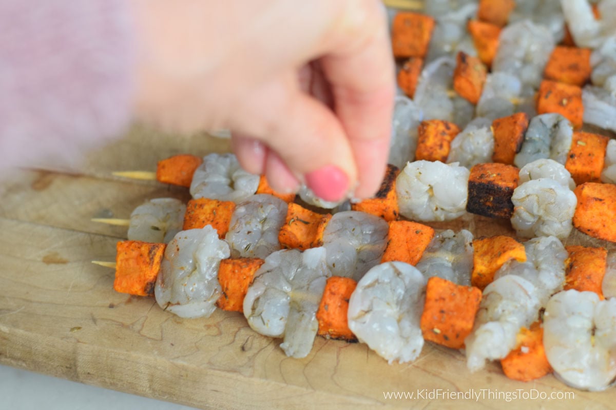 shrimp and sweet potatoes on a skewer