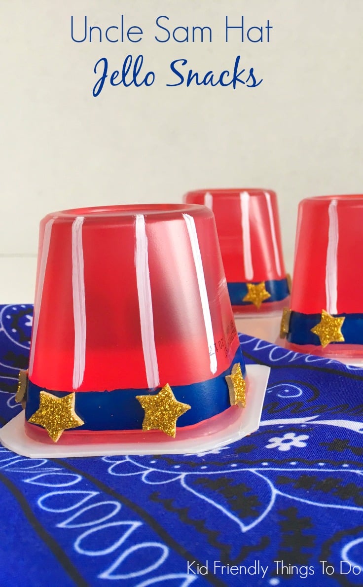 Uncle Sam Hat Jello Snacks. Easy to make and the perfect summer treat for picnics, parties, Memorial Day, Fourth of July and Labor Day fun! KidFriendlyThingsToDo.com