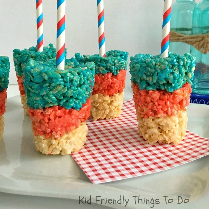 Patriotic Rice Krispies Treat Pops on a Stick - Easy & Perfect for summer picnics, Fourth of July, Memorial Day and Labor Day - KidFriendlyThingsToDo.com