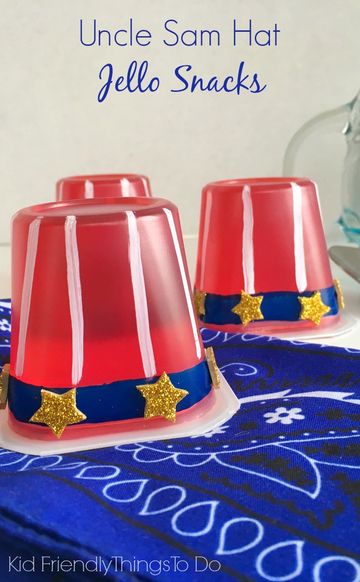 Uncle Sam Hat Jello Snacks. Easy to make and the perfect summer treat for picnics, parties, Memorial Day, Fourth of July and Labor Day fun! KidFriendlyThingsToDo.com