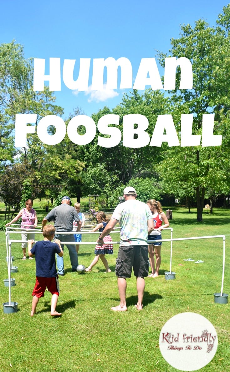 DIY Human Foosball Game for Family Fun - The best! Make with PVC pipes you can take apart & store for backyard fun when you want it! KidFriendlyThingsToDo.com