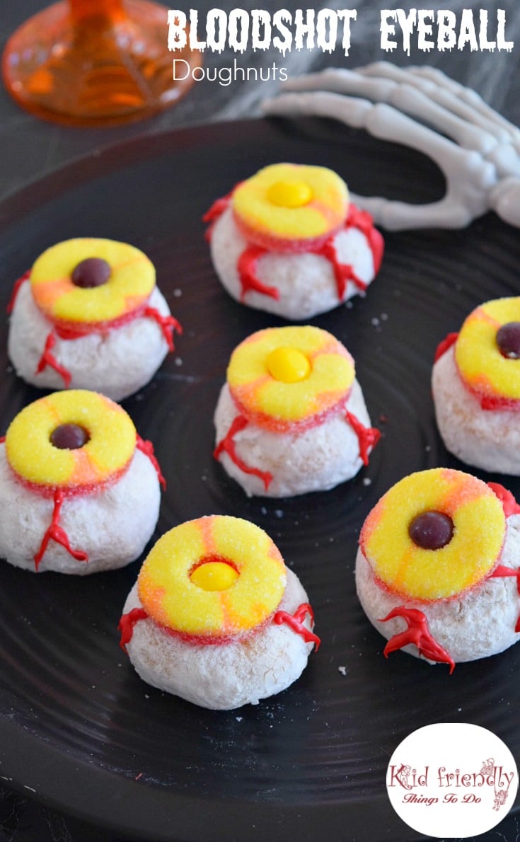Creepy Bloodshot Eyeball Doughnut fun food for Halloween - These are a ton of fun and so easy to make! Make this fun treat for Halloween parties or a fun breakfast! www.kidfriendlythingstodo.com