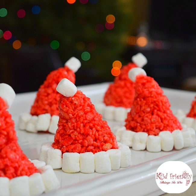 Santa Hat Rice Krispies Treats for a Fun and Simple Christmas Treat - Perfect for holiday parties with kids! www.kidfriendlythingstodo.com