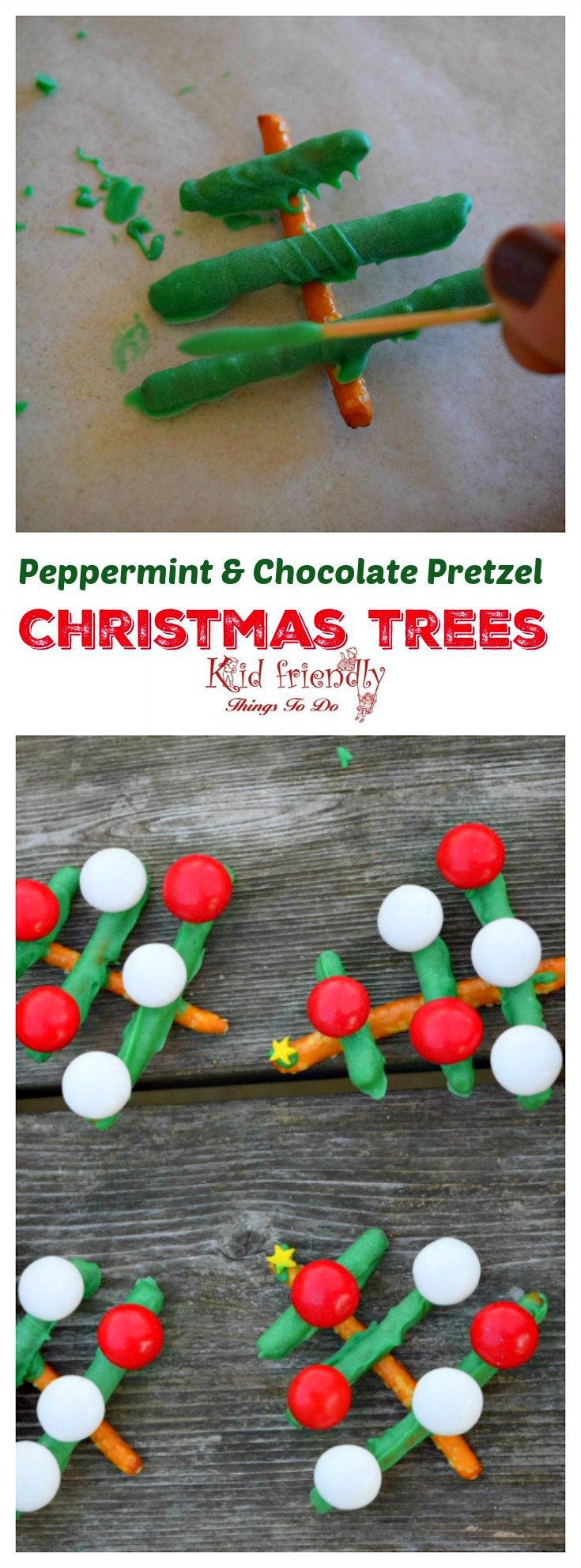 Simple and Rustic Peppermint and Chocolate Covered Pretzel Christmas Tree Treats! These are adorable and perfect for your Christmas party food addition! www.kidfriendlythingstodo.com