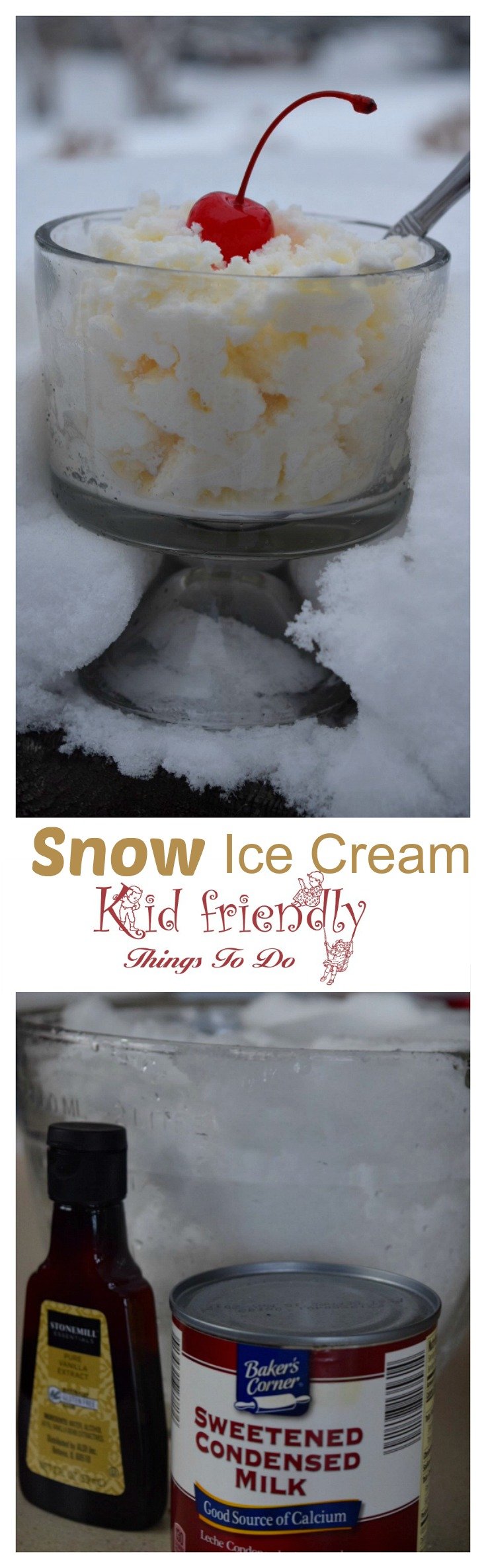 Simple and Delicious Three Ingredient Snow Ice Cream Recipe made with Sweetened Condensed Milk - This is so much fun to do with the kids and so easy to make. www.kidfriendlythingstodo.com