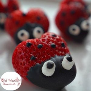 Heart Shaped Chocolate Covered Strawberry Ladybugs for a Fun Food Treat