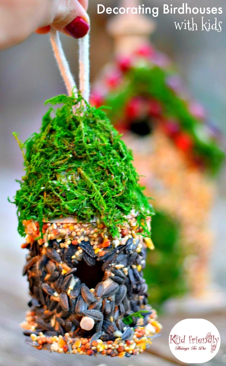 Decorating Birdhouses with kids is fun and easy to do. I have a simple DIY birdseed glue recipe to share with you. Great craft for winter, and fairy parties. Great gift for Mother's Day, Father's Day and Christmas! www.kidfriendlythingstodo.com