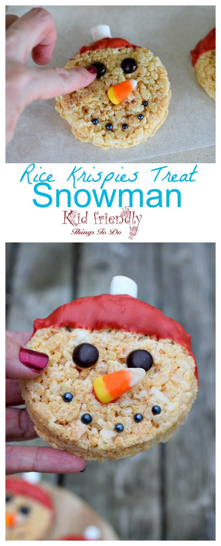 Snowman Rice Krispies Treat for a fun winter or Christmas treat. www.kidfriendlythingstodo.com