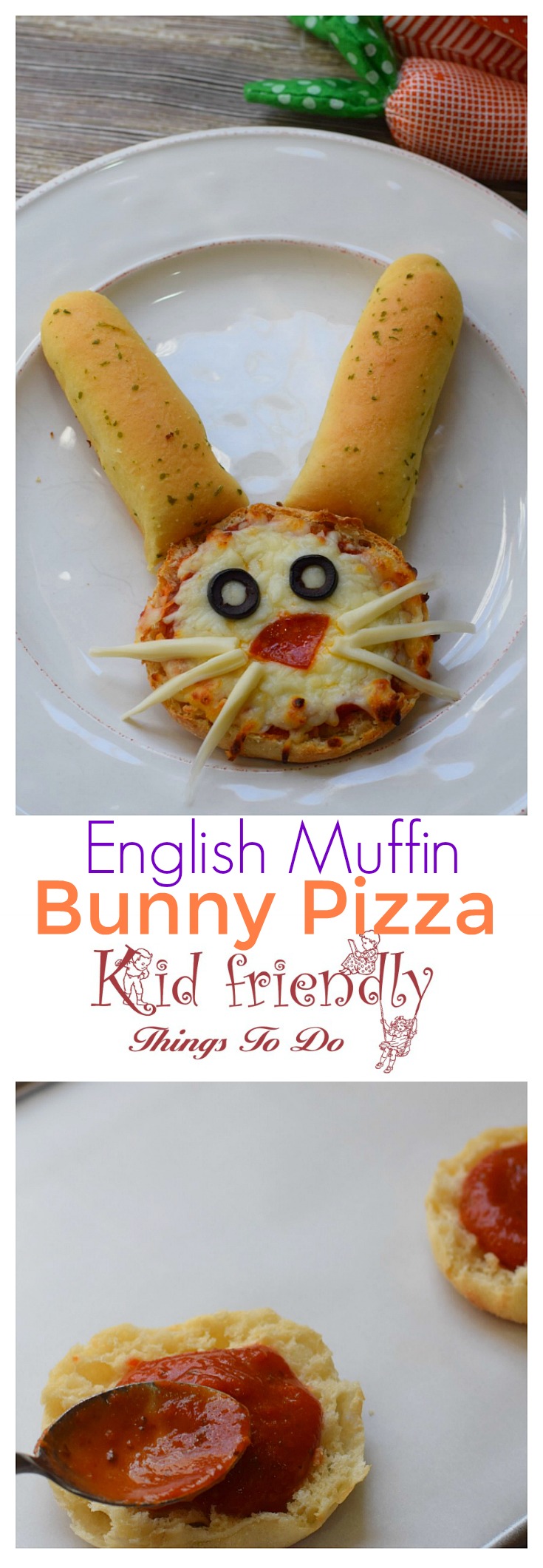 English Muffin Bunny Pizza for a Kid Friendly Fun Food Treat - Cute little bunny english muffin pizzas - www.kidfriendlythingstodo.com