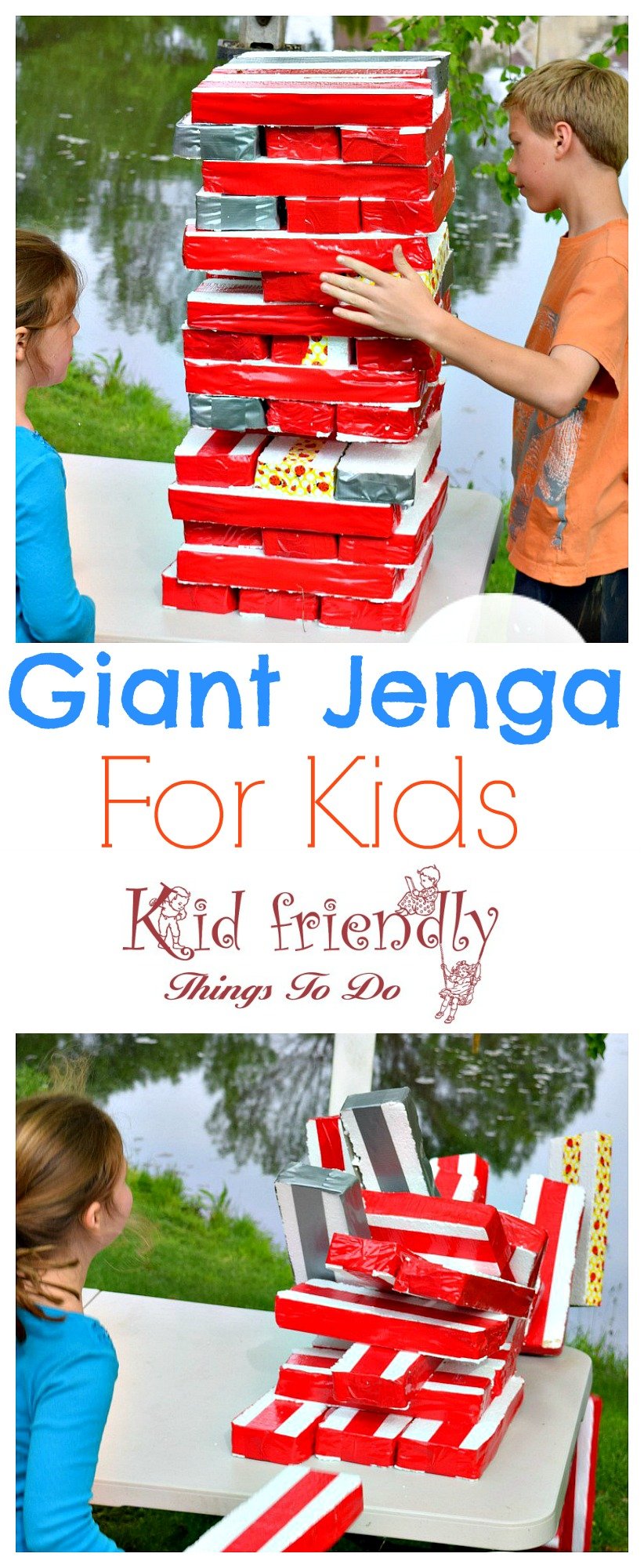 Easy DIY Summer Outdoor Games to play with the kids! Water balloon games and more! www.kidfriendlythingstodo.com - Giant Jenga for kids