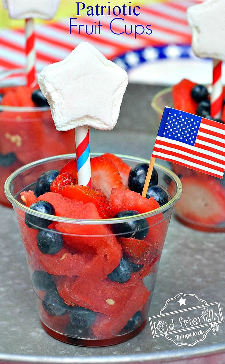 Red, White and Blue Easy to make Patriotic Fruit Salad in a watermelon bowl or cup. Great fun treat for the kids on Memorial Day, Labor Day, Fourth of July or summer picnic parties! www.kidfriendlythingstodo.com