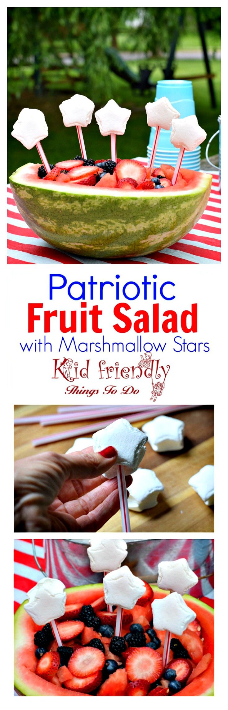 Red, White and Blue Easy to make Patriotic Fruit Salad in a watermelon bowl. Great fun treat for the kids on Memorial Day, Labor Day, Fourth of July or summer picnic parties! www.kidfriendlythingstodo.com