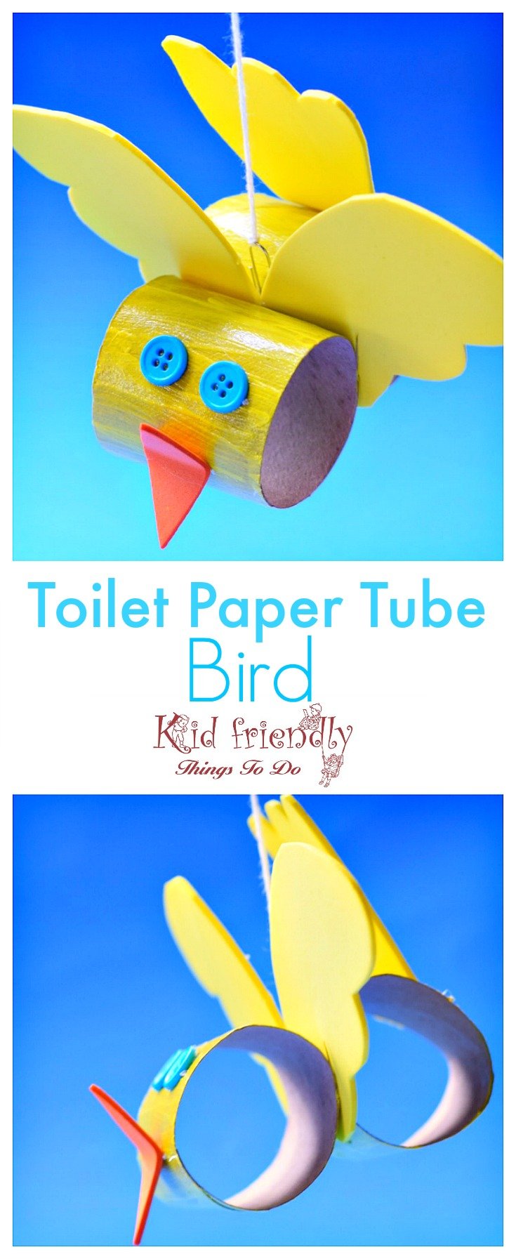 Make a Cute Toilet Paper Tube Bird Craft with Kids - Easy to Make - What a cute craft for spring and summer. Make with preschool or older kids! Hang up for a sweet decoration. Make a Cute Toilet Paper Tube Bird Craft with Kids - Easy to Make - www.kidfriendlythingstodo.com