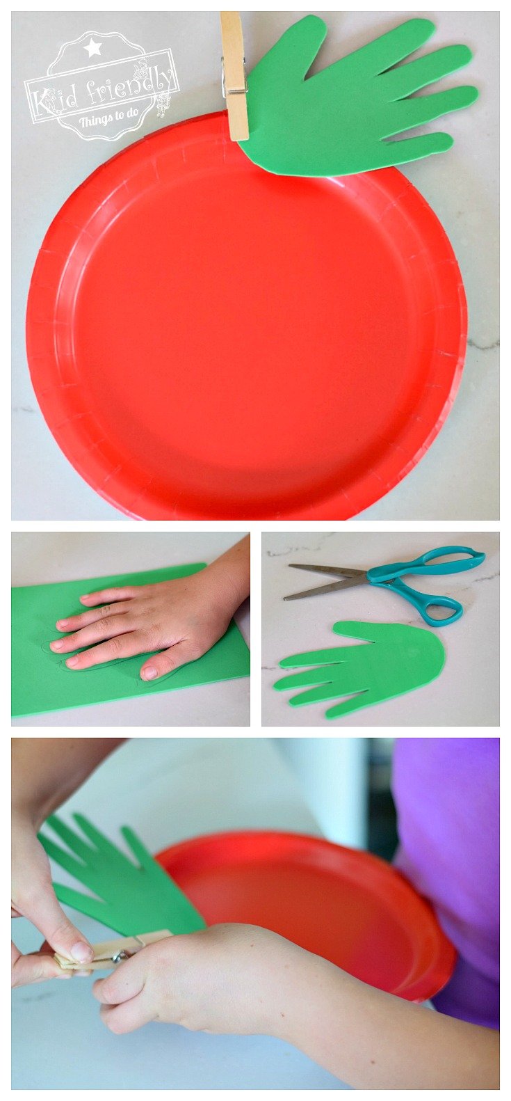 Make a Simple Paper Plate & Handprint Apple with the Kids - Easy and adorable. Great Fall, back to school, & preschool craft - www.kidfriendlythingstodo.com