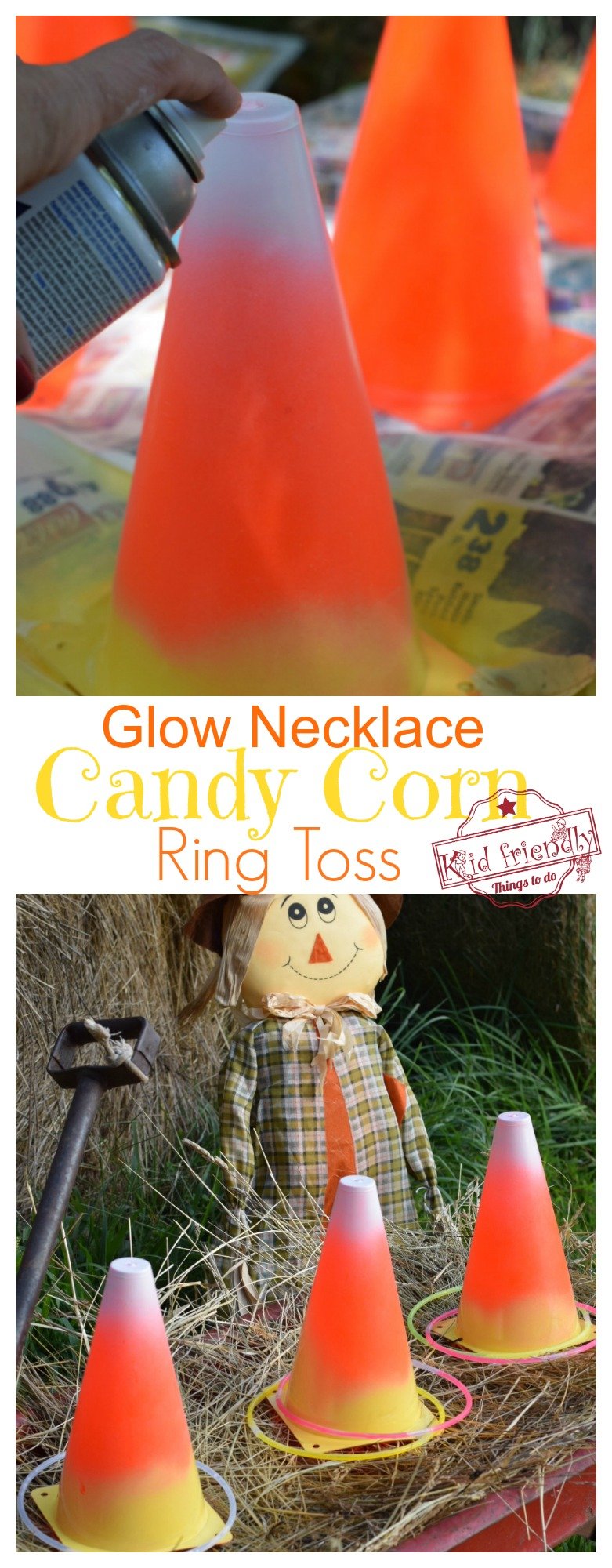 Easy DIY Candy Corn Ring Toss with Glow Necklaces for a Fun Fall, Halloween, or Thanksgiving Game - perfect for kid's school party, harvest parties, or family fun! www.kidfriendlythingstodo.com